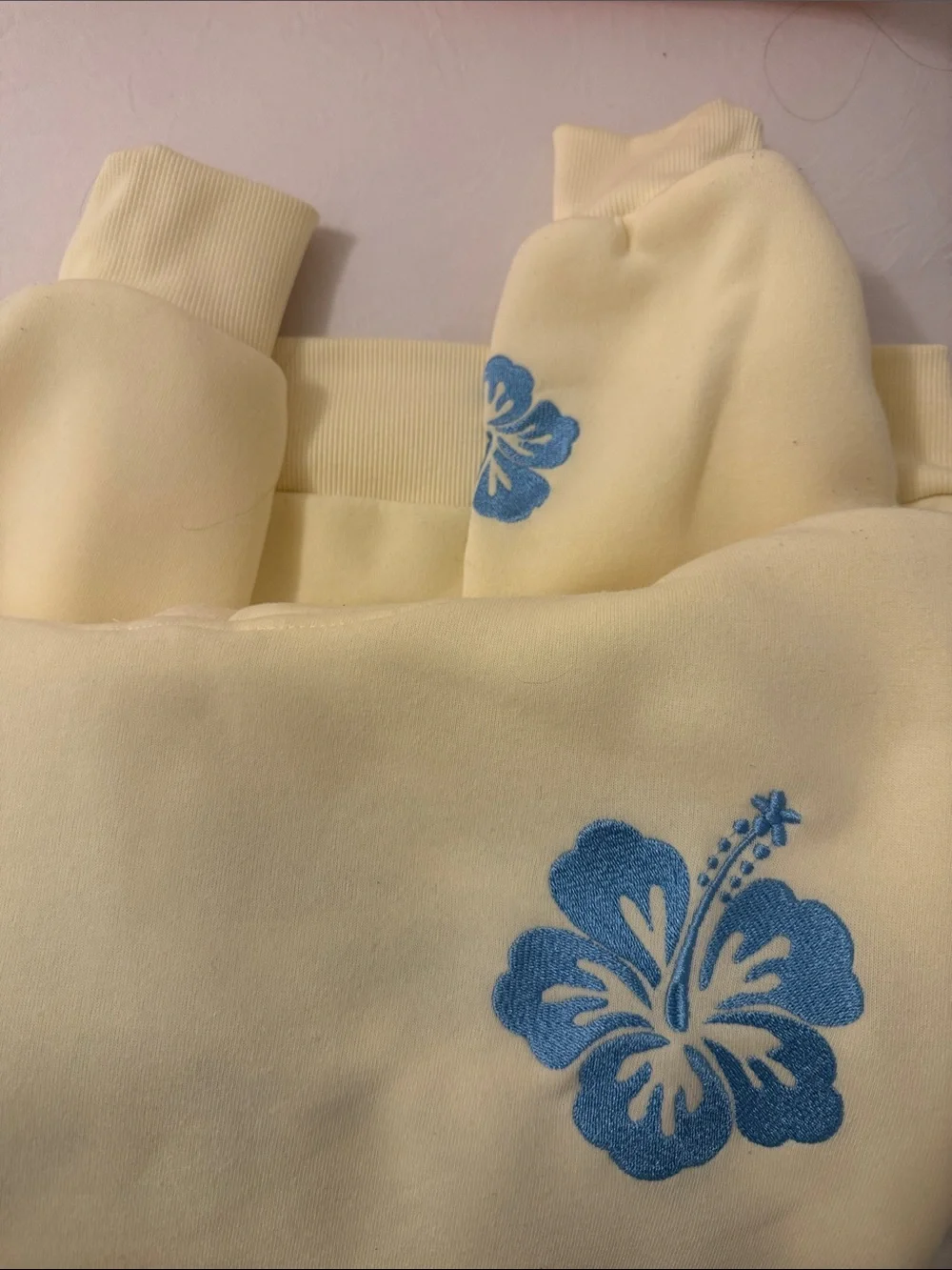 Cream Sweatshirt with Blue Hibiscus Embroidery
